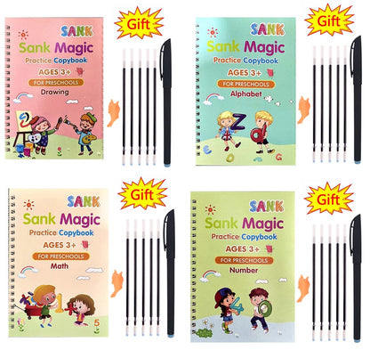 Pack Of 4 Pcs With 5 Refill Copybooks Pen Magic Copy Book Free Wiping Children’s Kid Writing Sticker Practice Copybook For Calligraphy